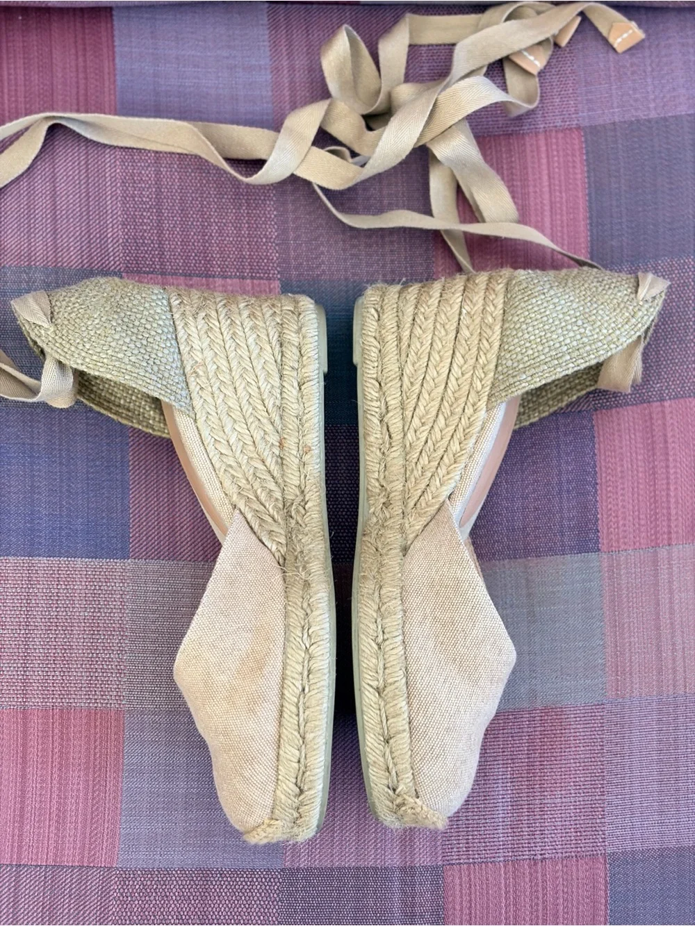 Castaner Tan Canvas Espadrille Wedge Ankle Tie